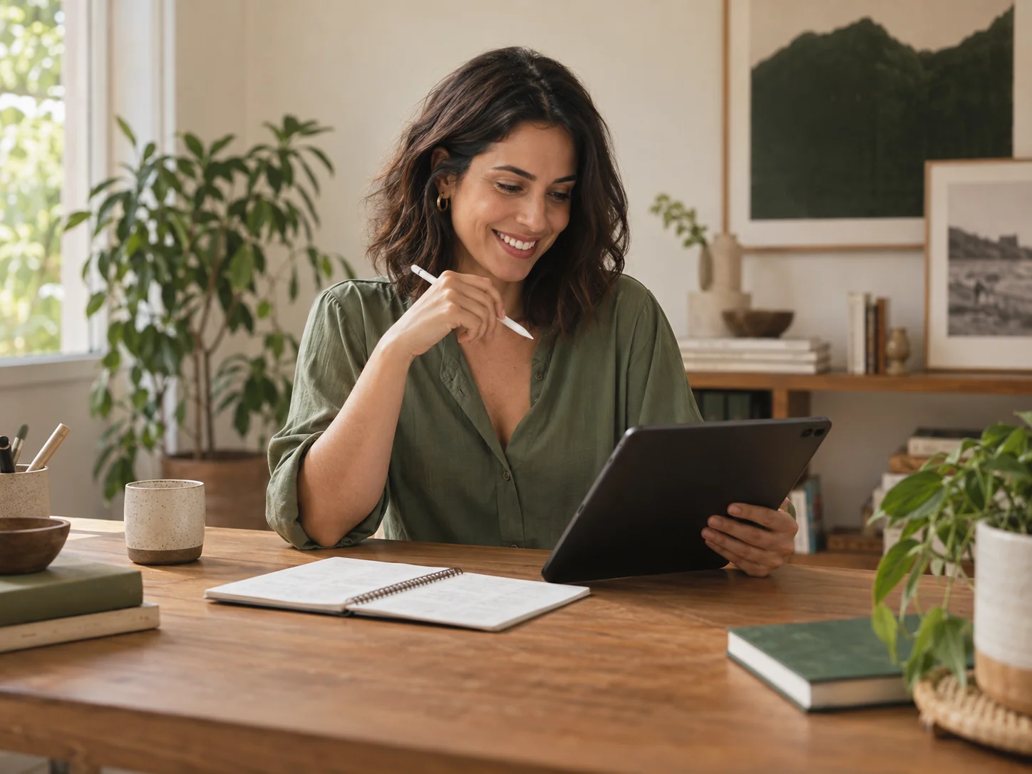 Autora trabalhando em seu conteúdo digital com tablet e caderno.
